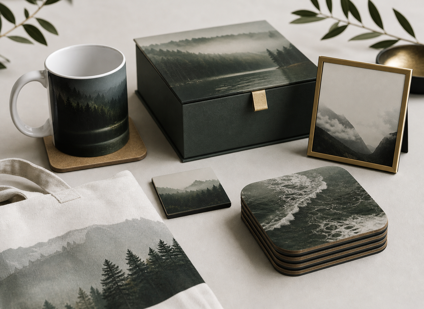 Photo keepsake products including a mug, coasters, a small frame, a box, and a tote.