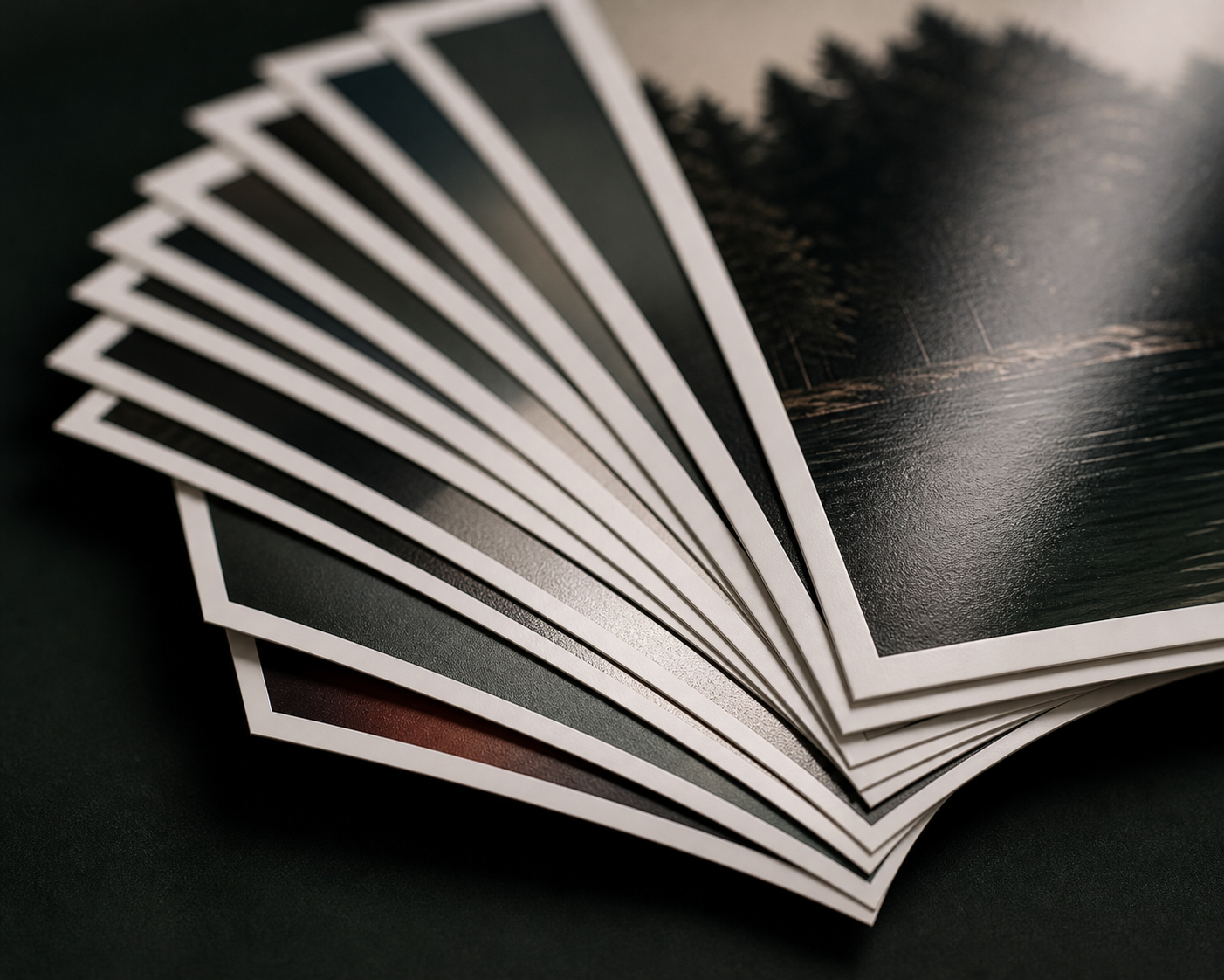 Professional photographic paper prints arranged with forest imagery and a subtle glossy finish.