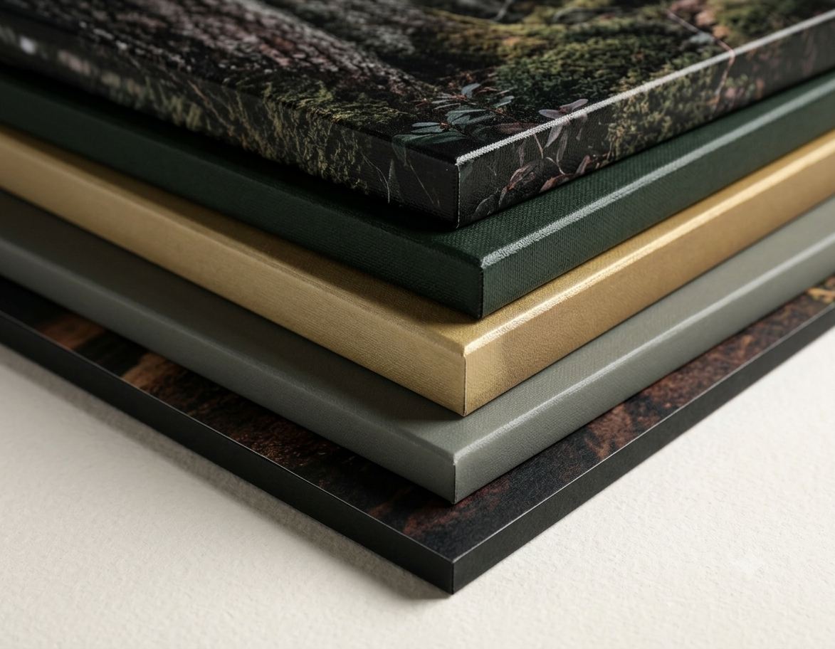 Stacked wall art sample panels with dark green, gold, and textured photographic finishes.
