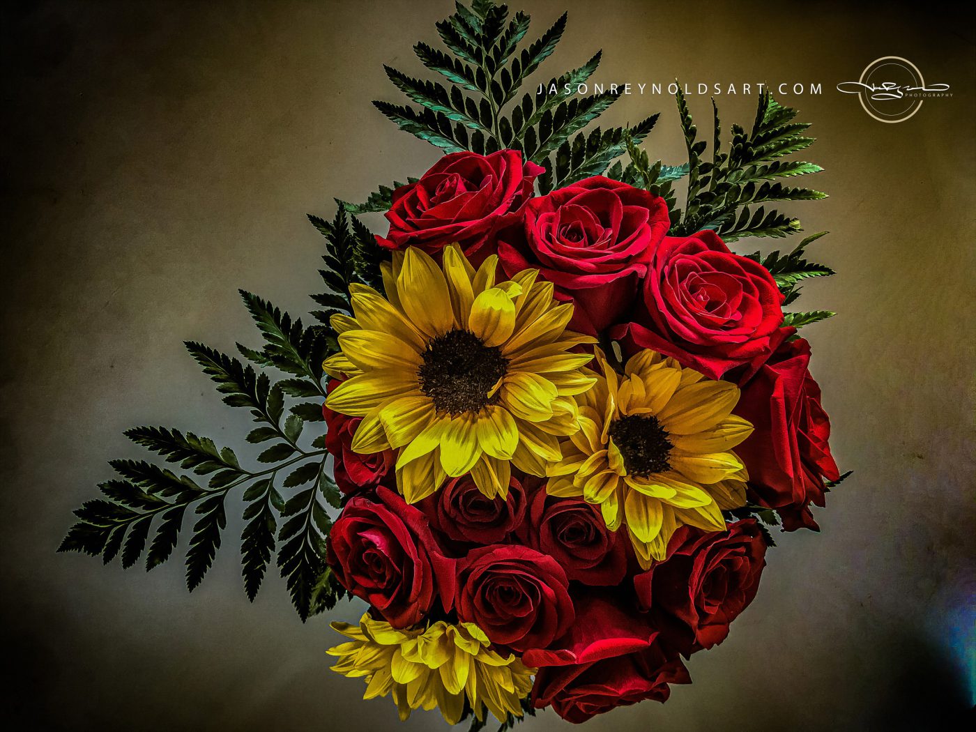 Bouquet of Red Roses and Yellow Sunflowers