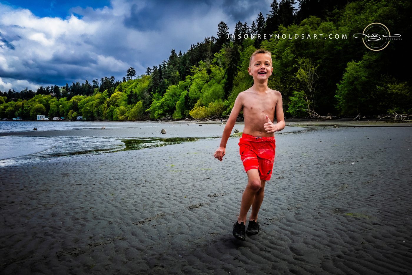 Boy Running on Tidal Flat