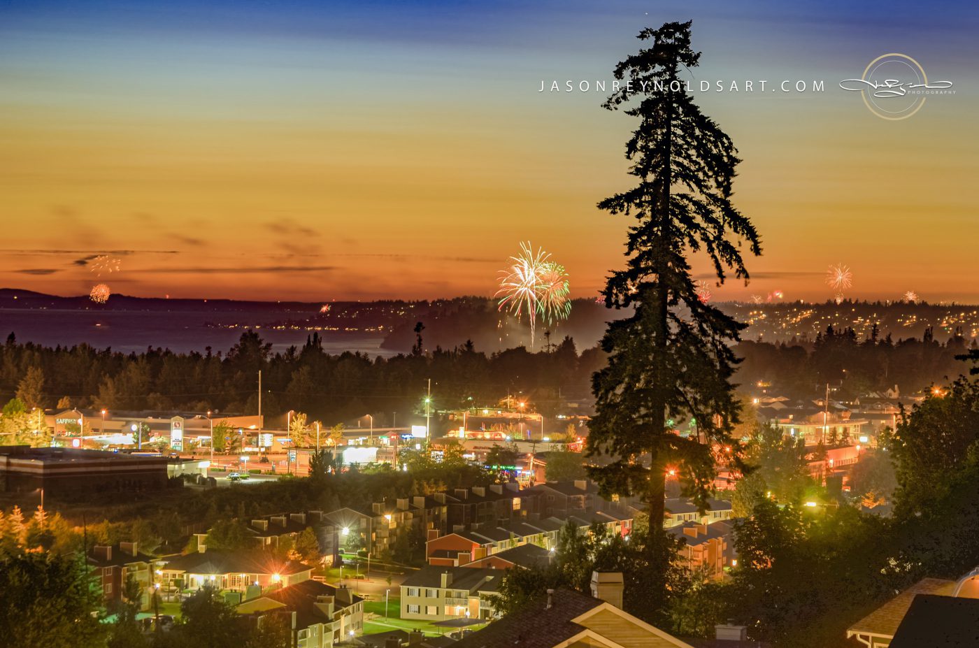 Federal Way sunset with silhouetted evergreen and distant fireworks