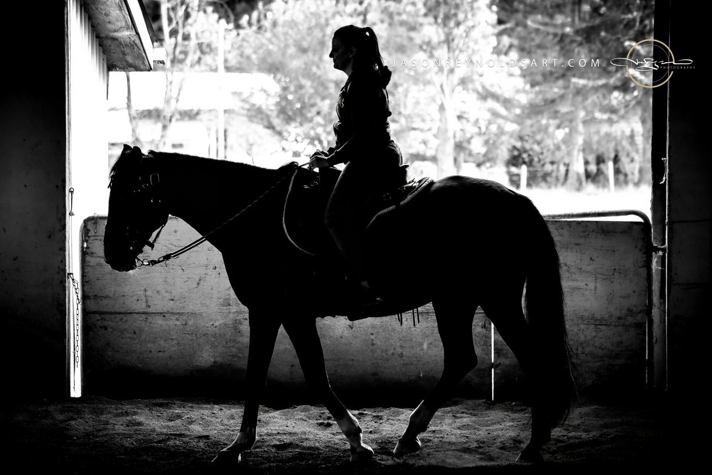 Horse and Rider Silhouette in Barn Doorway
