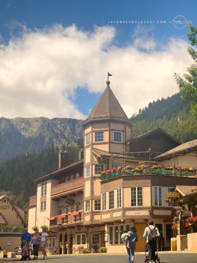 Leavenworth Turreted Building with Mountain Backdrop