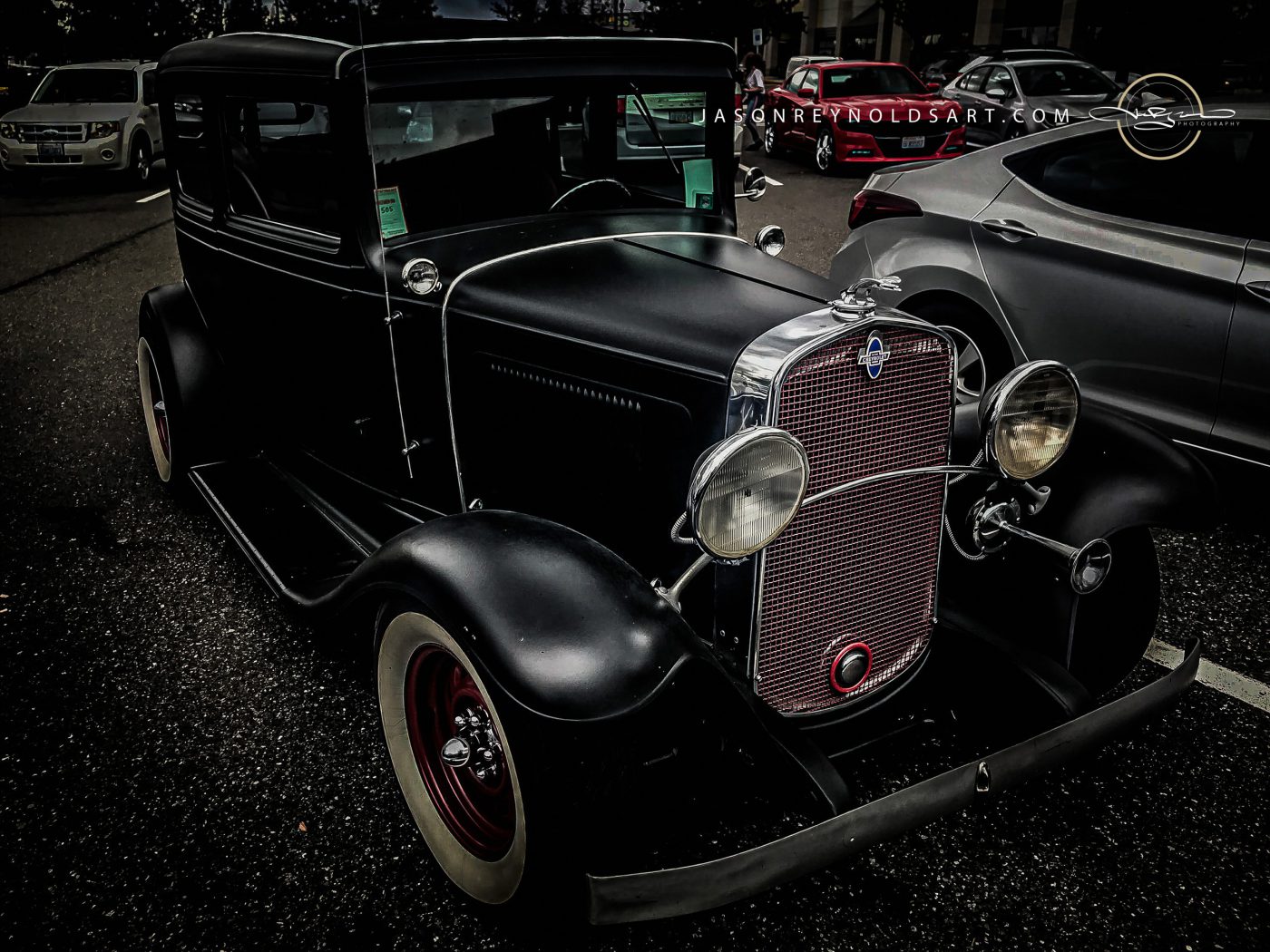 Matte-Black Vintage Coupe — Front Three-Quarter