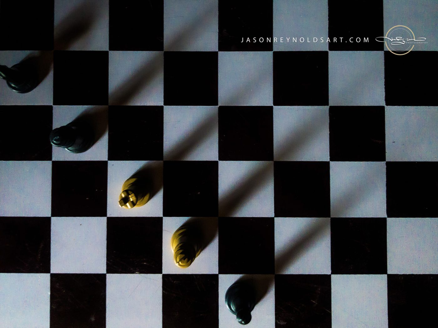 Overhead Chessboard with Pieces and Long Shadows