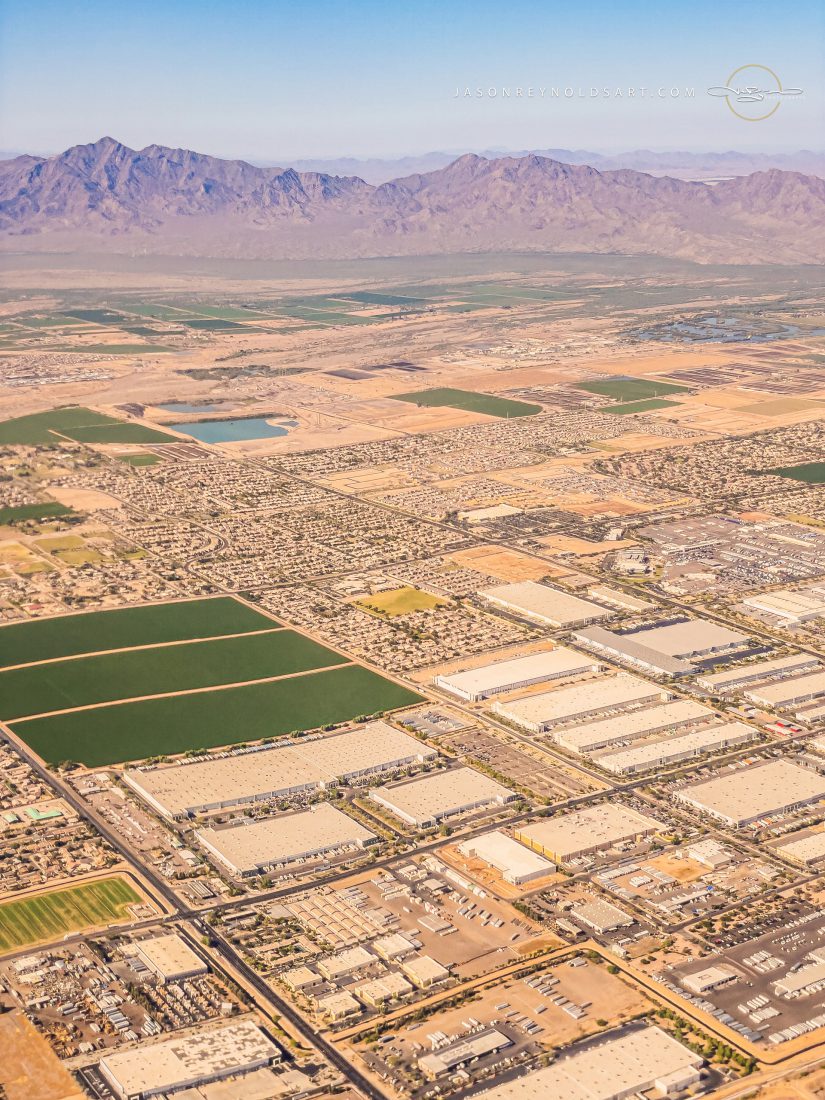 Phoenix Aerial — Estrella Mountains and Urban Grid
