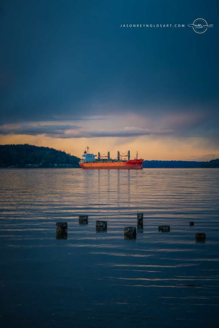 Red Cargo Ship off Tacoma Shoreline