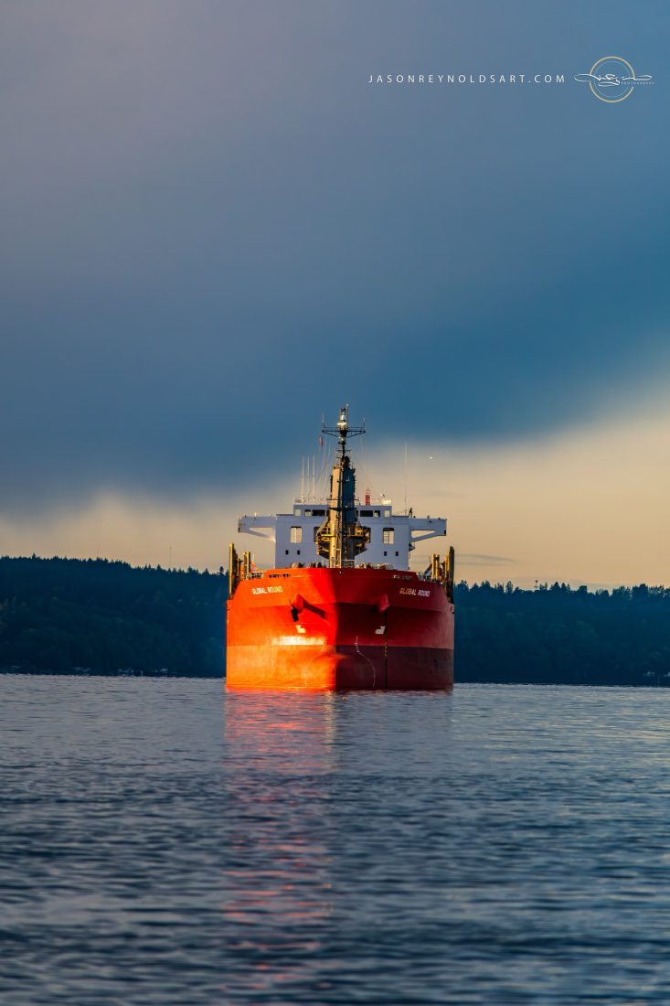 Red Freighter off Tacoma Shoreline