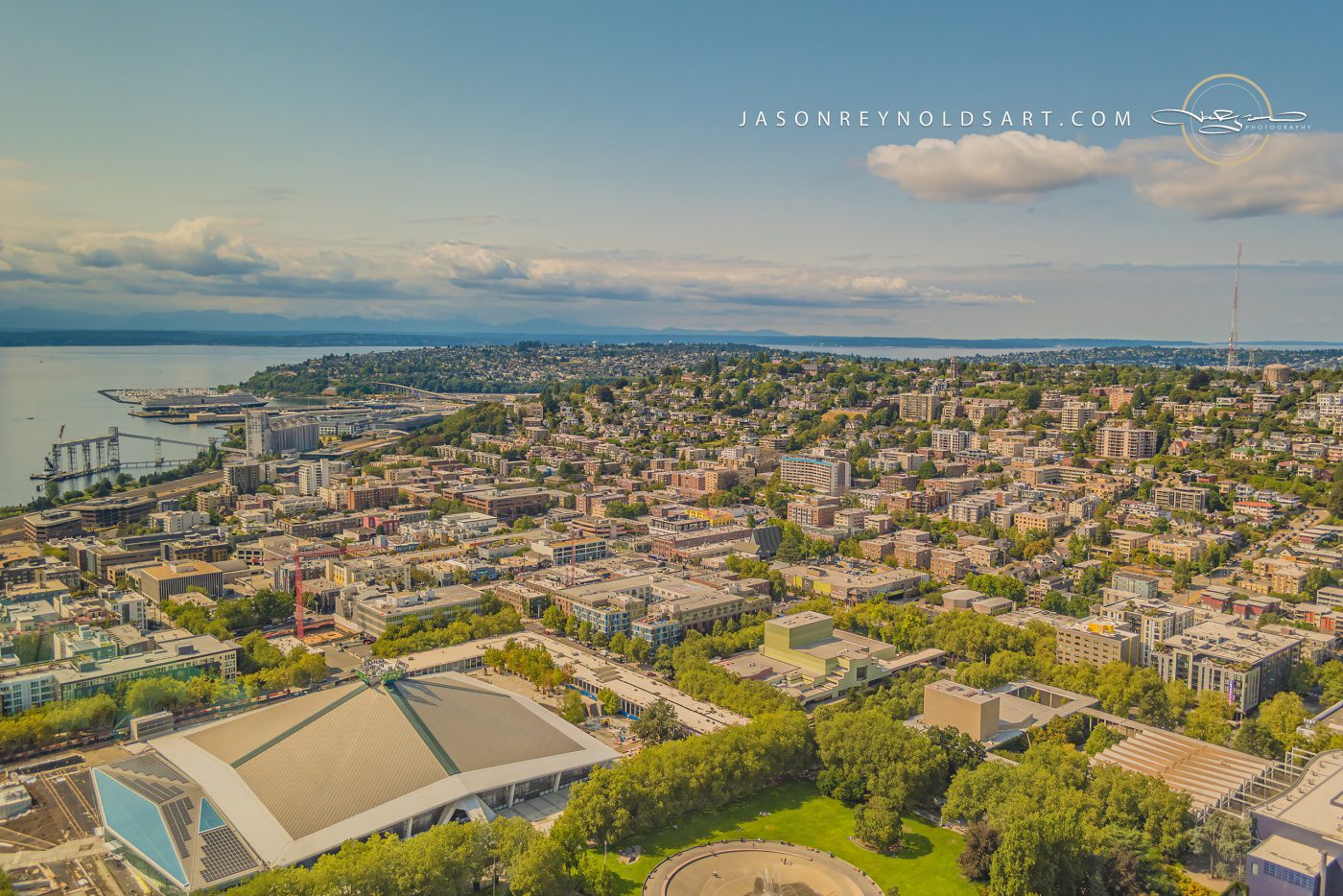Seattle aerial panorama — downtown, arena and waterfront