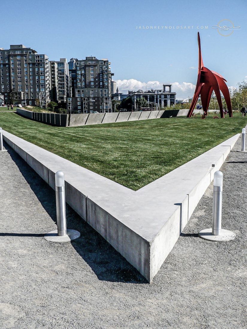 Seattle — V-shaped Concrete Lawn and Red Sculpture at Olympic Sculpture Park