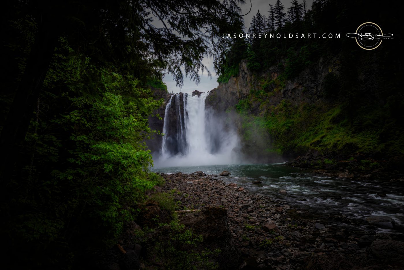 Snoqualmie Falls — Mist Framed by Evergreens