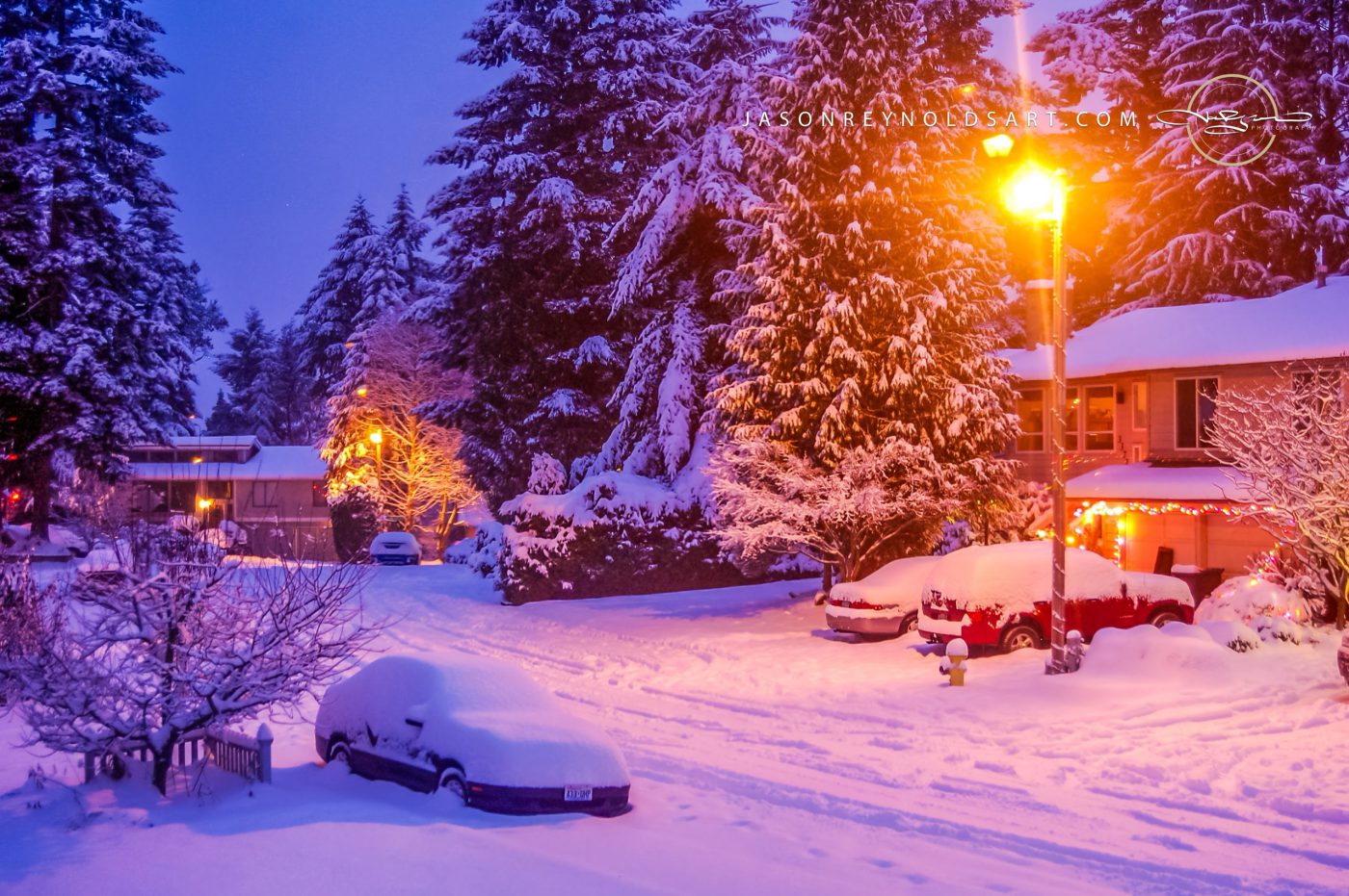 Snow-Covered Suburban Street at Twilight