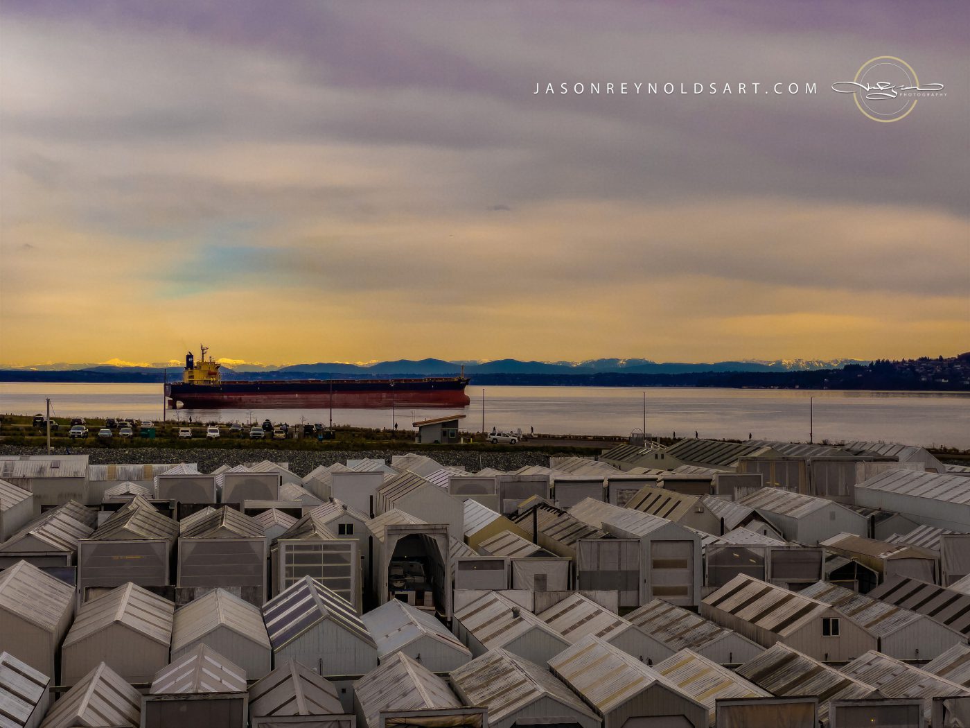 Tacoma Boat house Rooftops and Passing Freighter