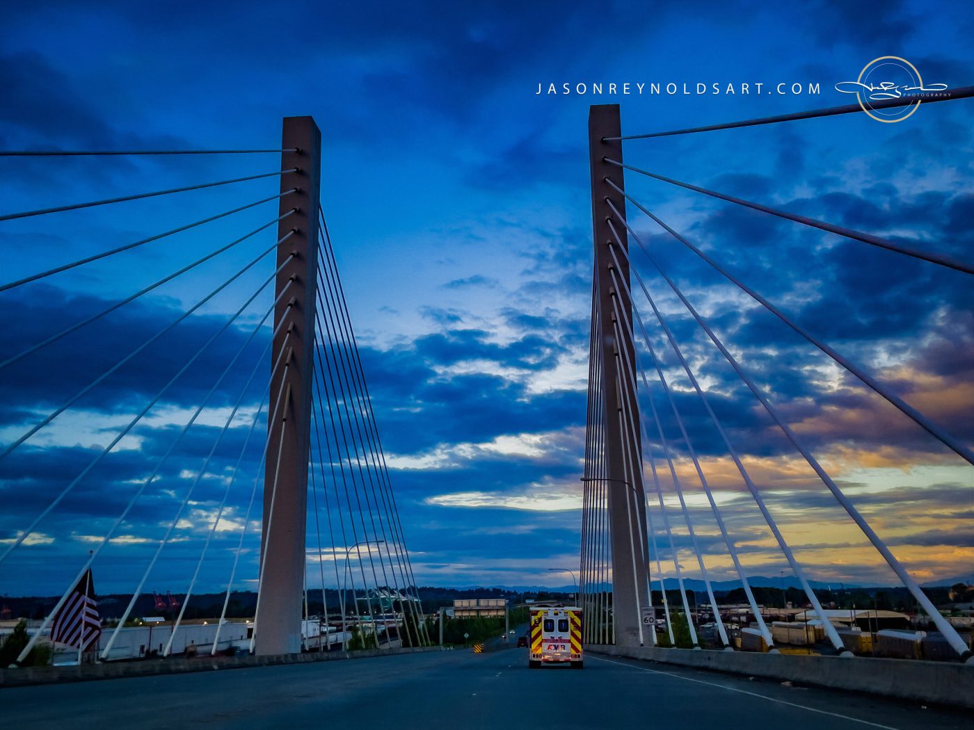 Tacoma Bridge in Washington — Cable-Stayed Towers and Evening Sky