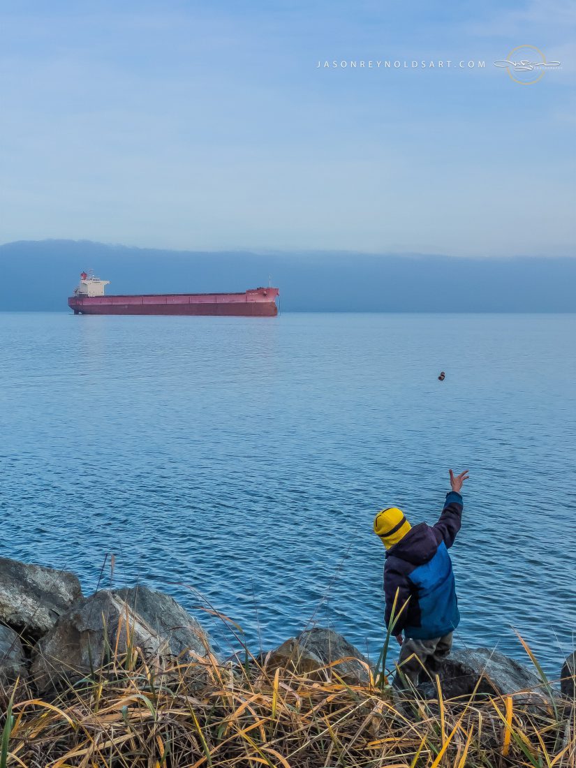 Tacoma: Child Throwing a Stone with an Anchored Freighter