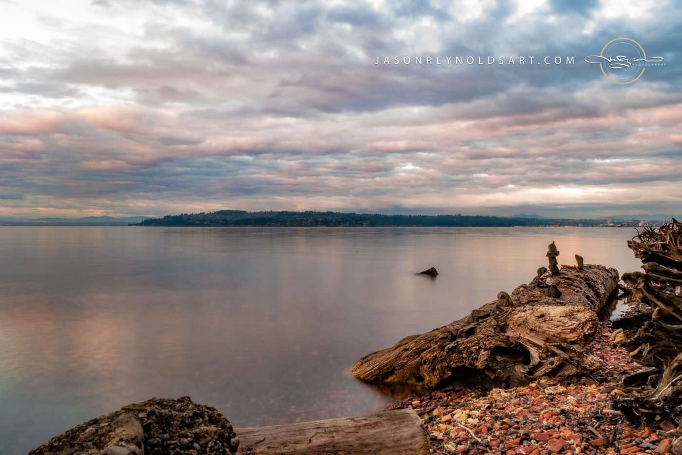 Tacoma Driftwood Shoreline and Soft Cloud Reflections