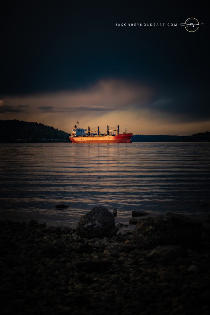Tacoma — Red Cargo Ship off Ruston Shore