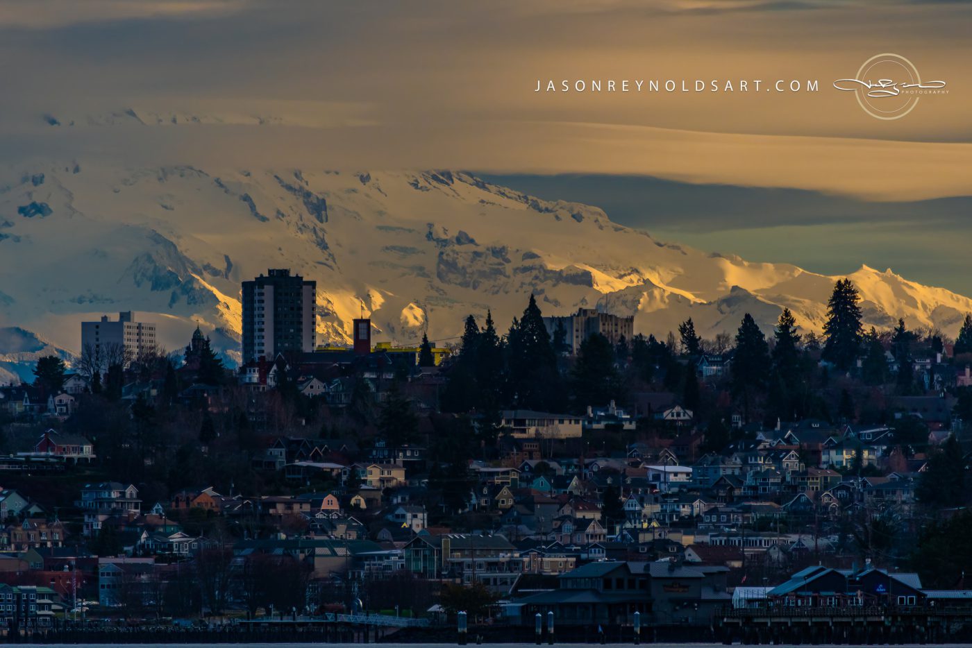 Tacoma skyline with Mount Rainier in golden light