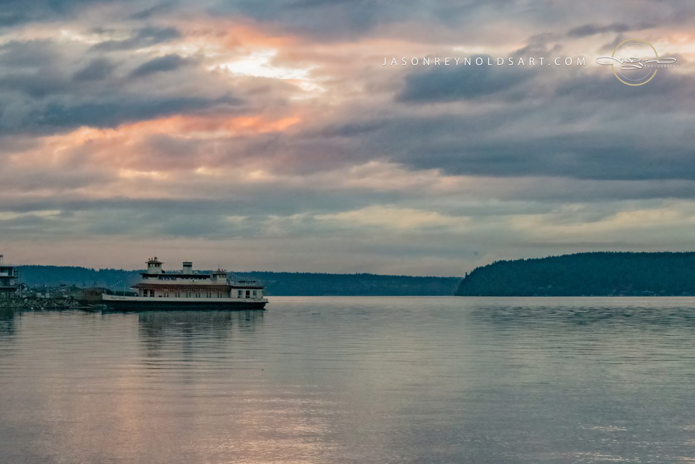 Tacoma waterfront ferry beneath pastel clouds