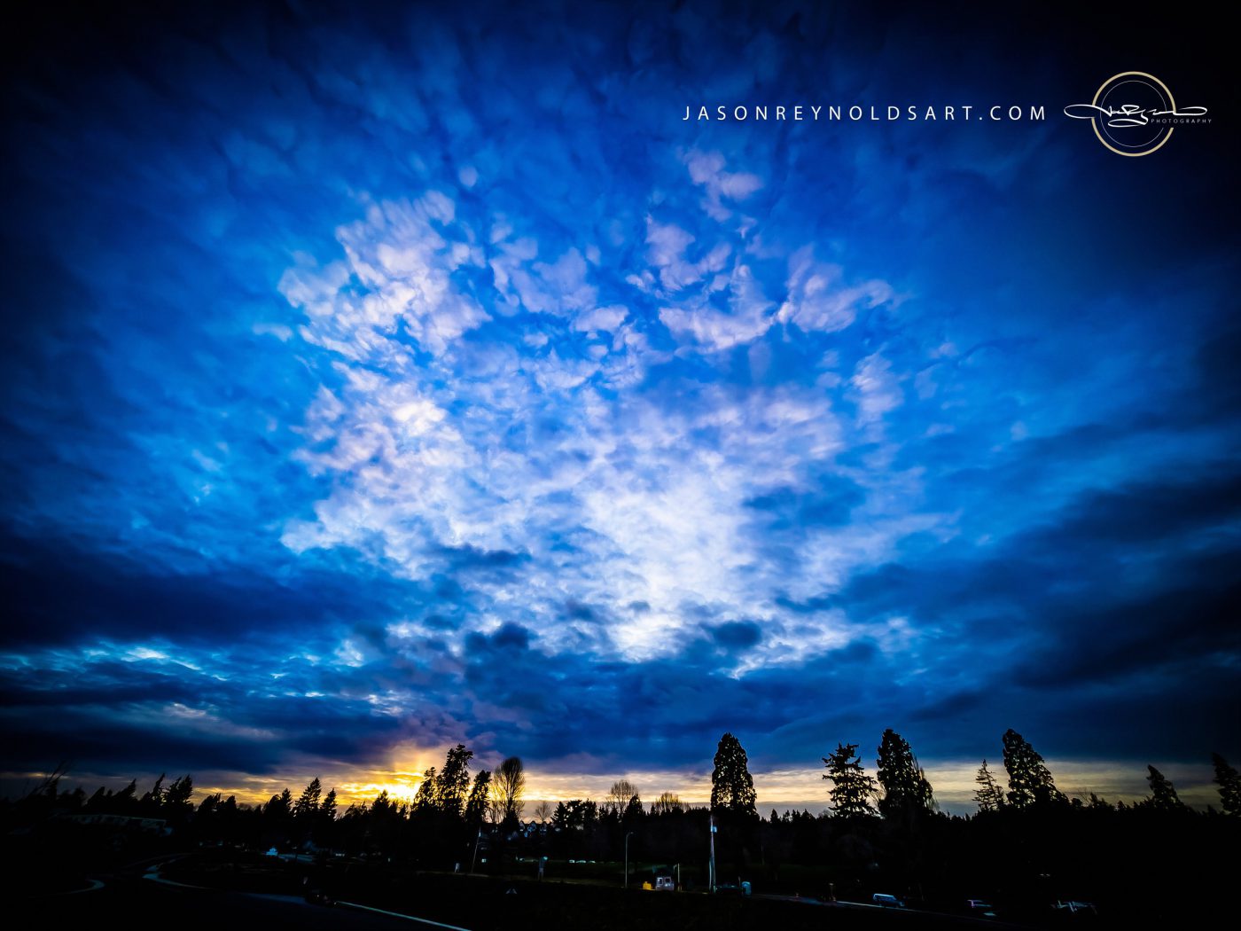 Tacoma West End — Blue Cloudscape and Silhouetted Trees