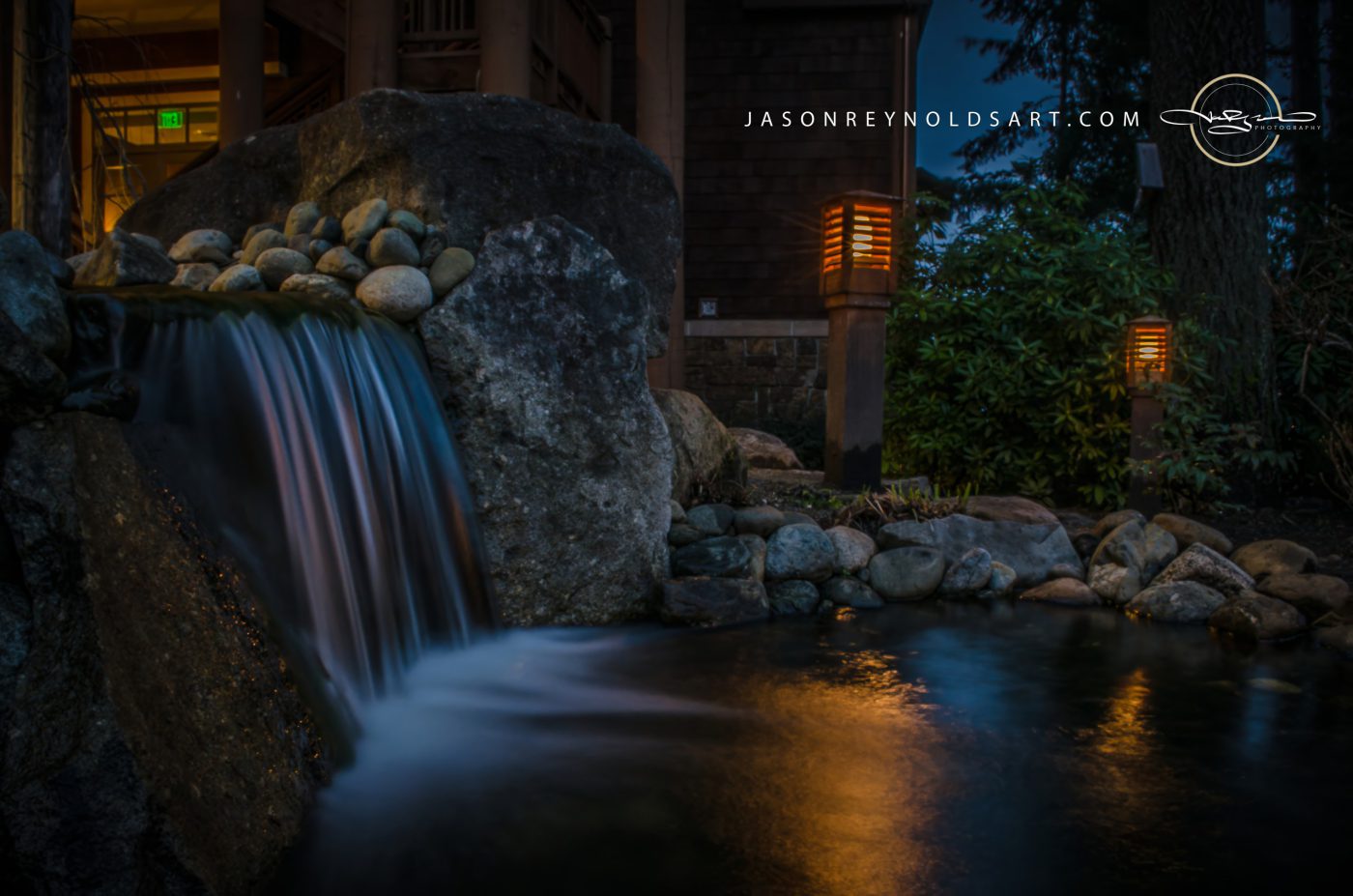 Union, WA — Alderbrook Resort Rock Waterfall and Lantern Reflections