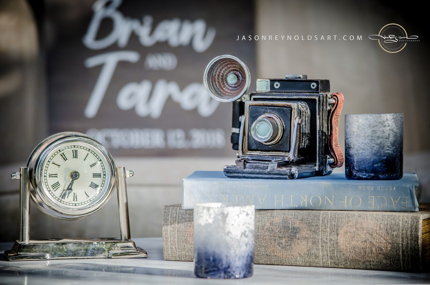 Vintage Box Camera and Mantel Clock — Still Life