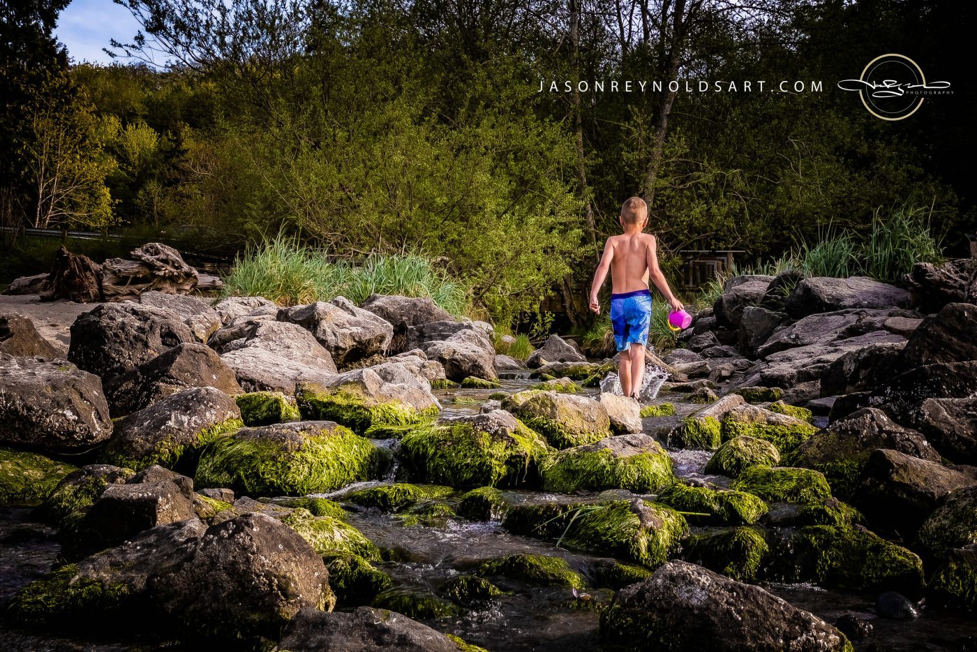 Washington Shoreline — Boy on Mossy Rocks